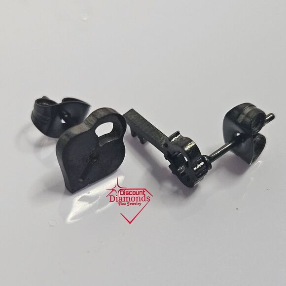 Black Titanium Lock and Key Stud Pushback Earrings. - Picture 11 of 14